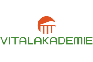 vidahelp Servicepartner Vitalakademie in grüner Schrift, darüber ein oranger runder Kreis, darin in weiß ein griechischer Tempel