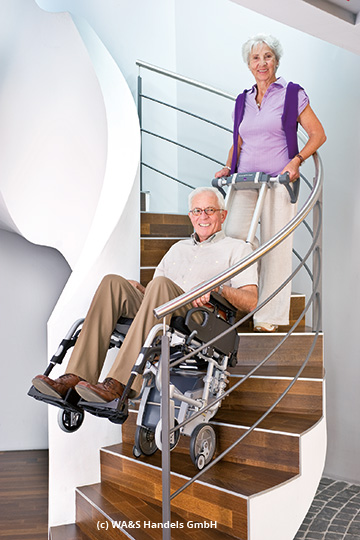 Servicepartner WA&S Handels GmbH - Beitrag Hilfsmittel, Mann im Rollstuhl, Frau hilft ihm die Treppe runter